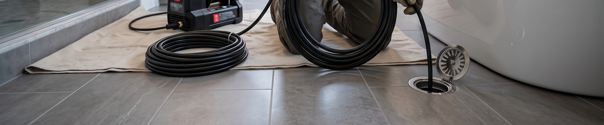 Professional hydro jetting equipment used to clear a residential drain